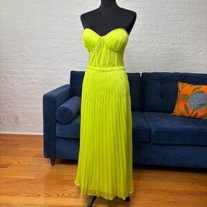 BCBGMaxAzria Strapless Bustier Pleated Maxi Dress in Lime Green
